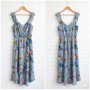 Maurices Dusty Blue Floral V-Neck Hi-Low Maxi Dress Ruffle Straps Small